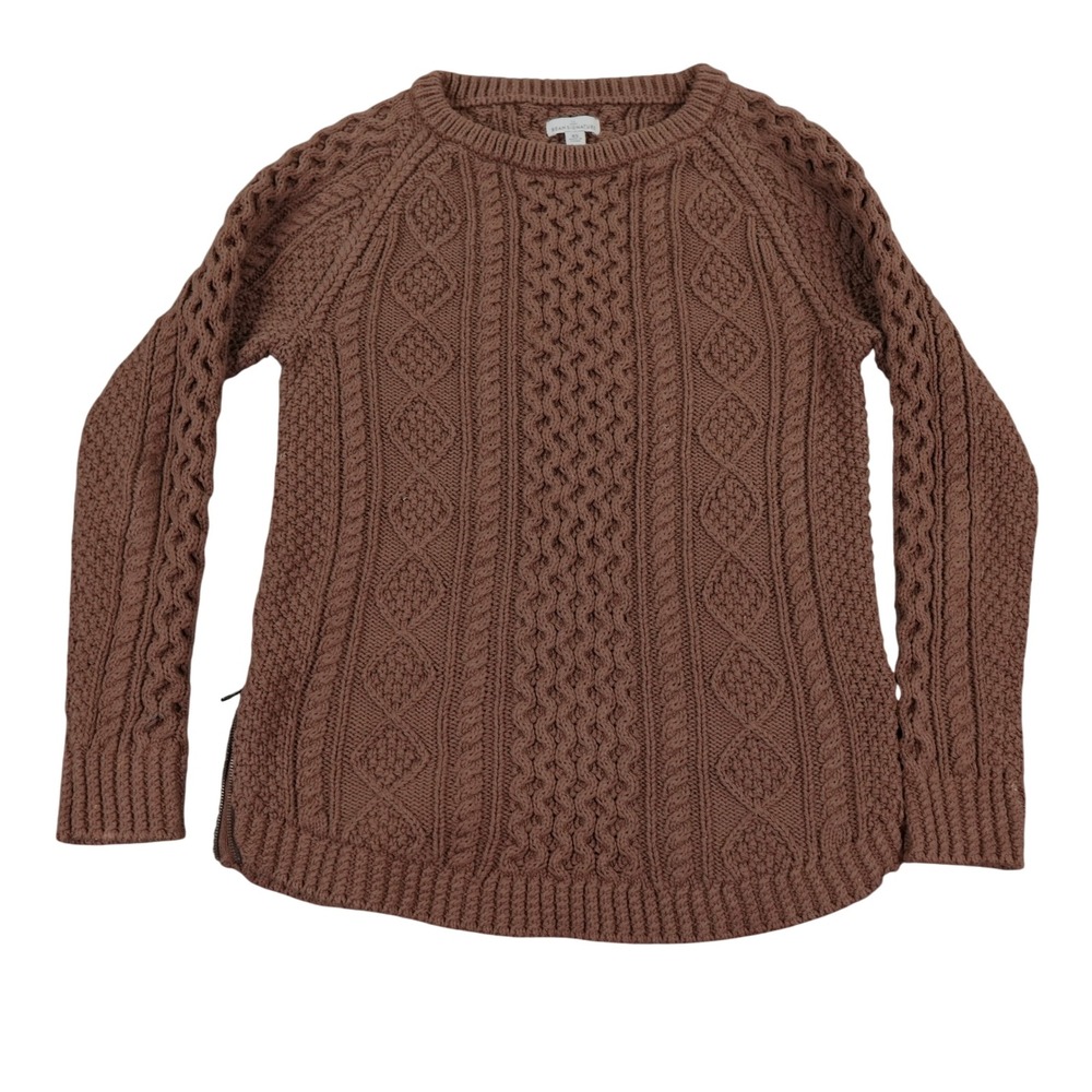 LL Bean Signature Sweater Womens XS Brown Cotton Cable Knit Side Zip Pullover